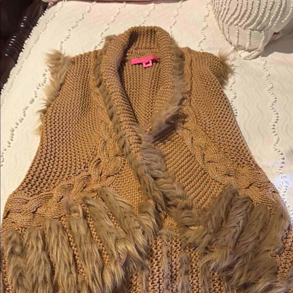 Lilly Pulitzer Tan Knit Vest with Faux Fur Trim